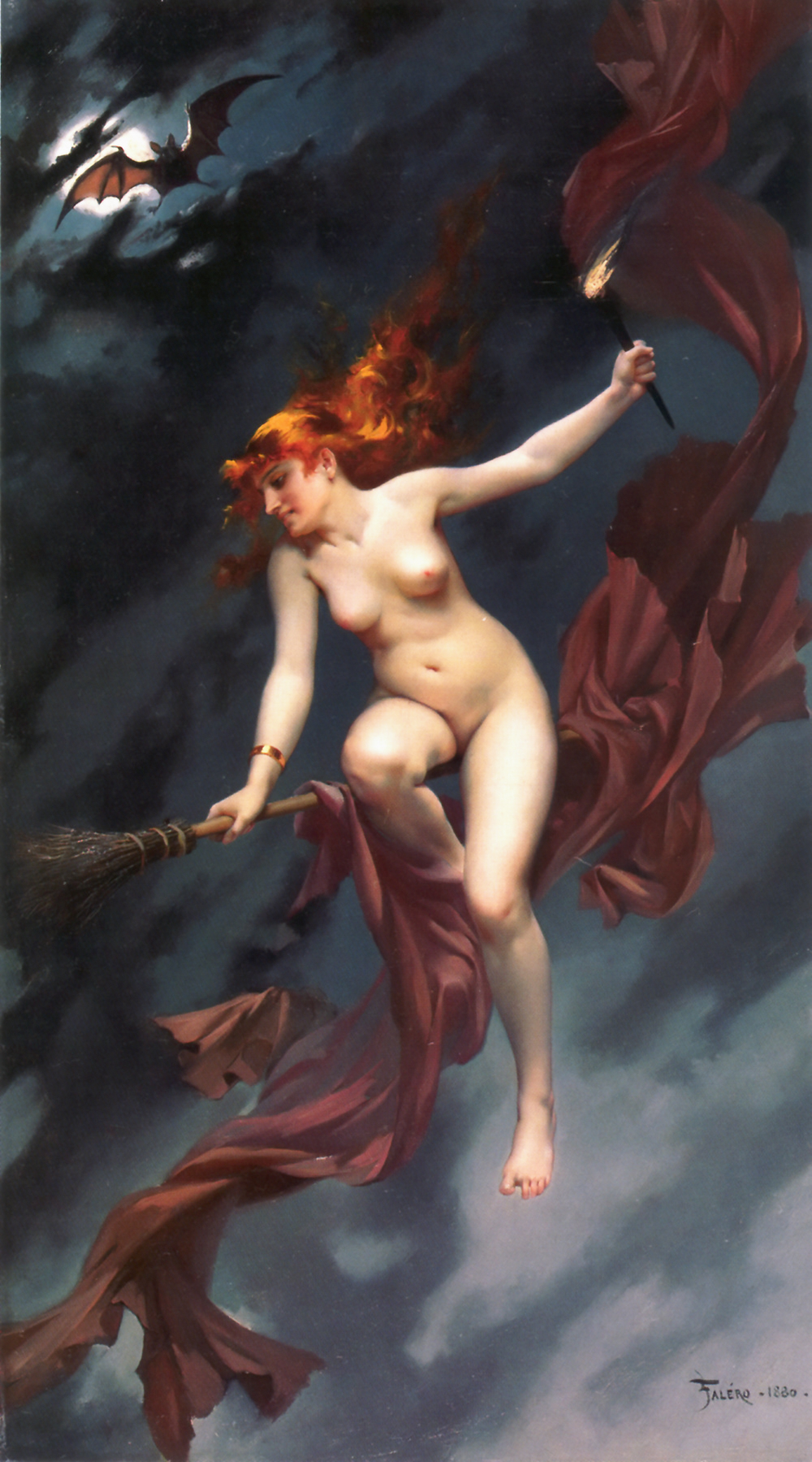 Some believe that belladonna and its close relatives were the cause of our notions of witches flying through the air on broomsticks. Image source: Luis Ricardo Falero, Public domain, via Wikimedia Commons